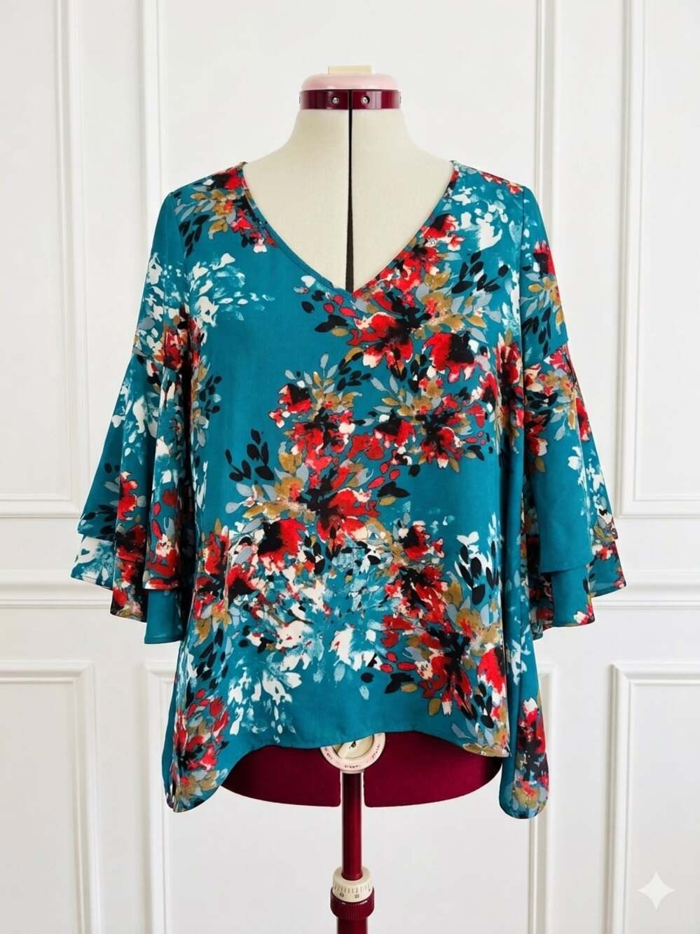 Chenault Floral V-Neck Blouse with Tiered Bell Sleeves Size S